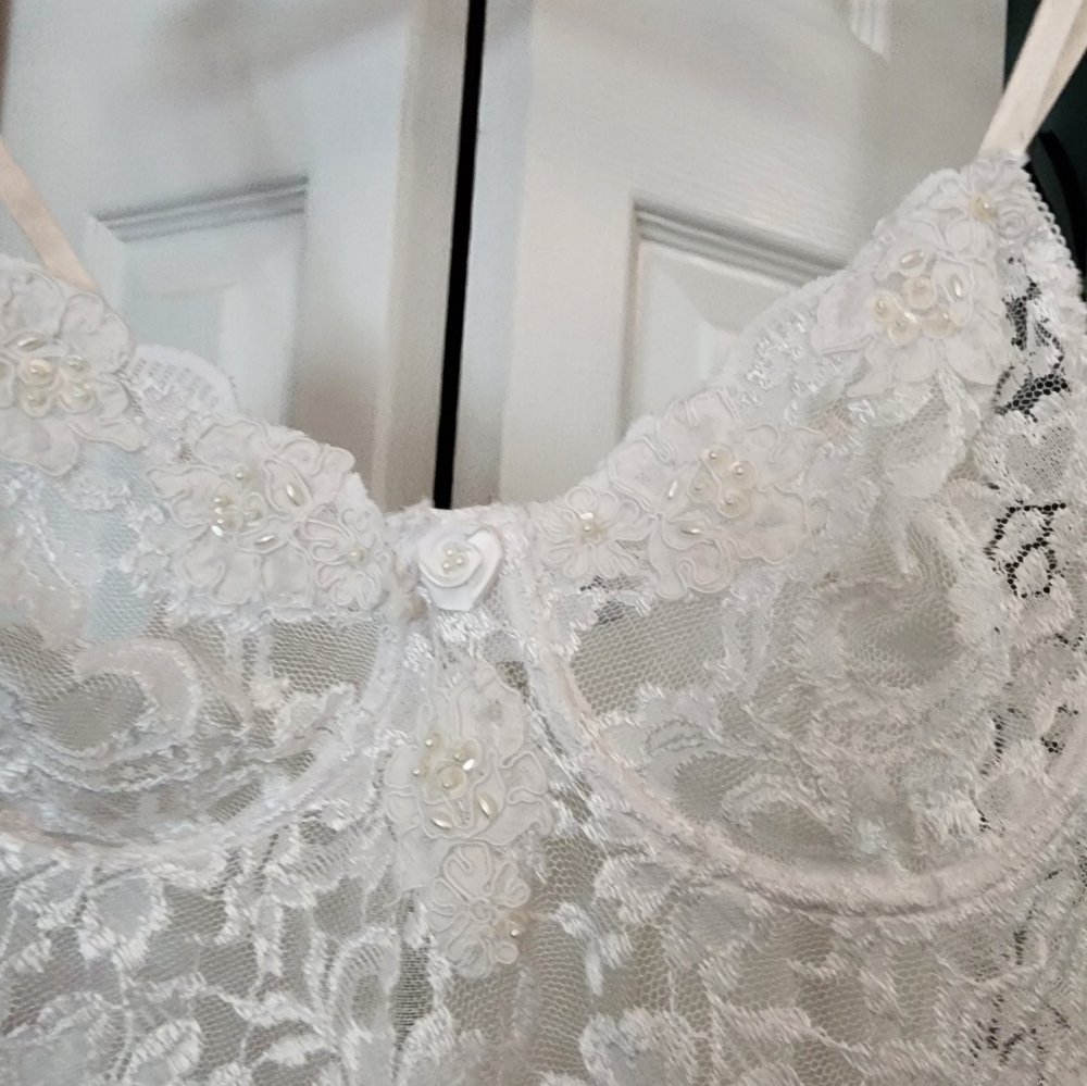 White Lace Thong Teddy With Lace And Beaded Embellishments